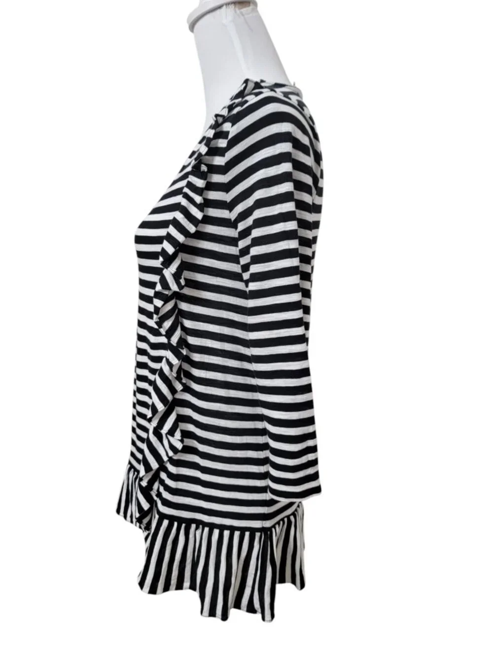 J. Crew Size S Black & White Striped Ruffled Trim Tunic with Asymmetrical Ruffle